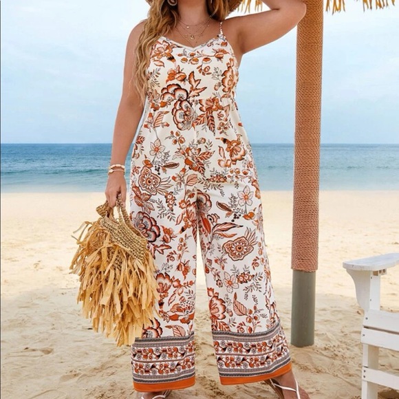 Bohemian Boho Plus Size Floral Paisley Pockets Wide Leg Pants Jumpsuit - Picture 4 of 5
